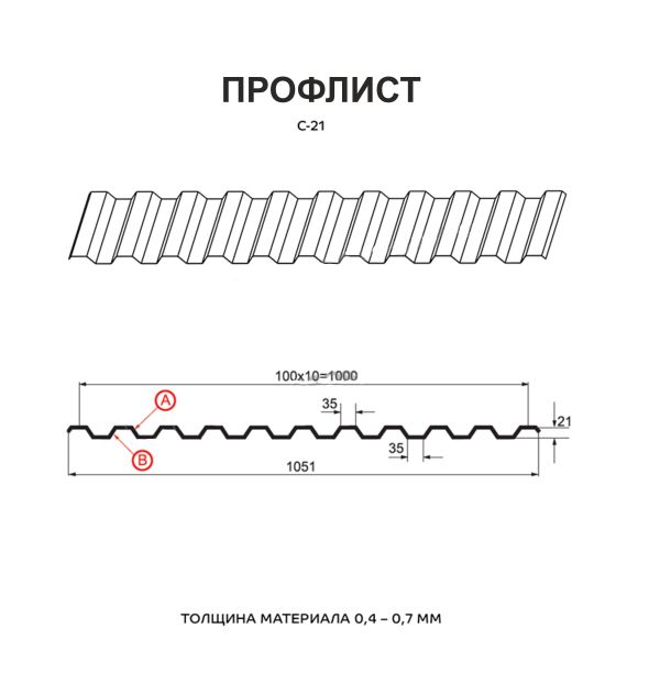 ПРОФНАСТИЛ С-21 КРОВЕЛЬНЫЙ